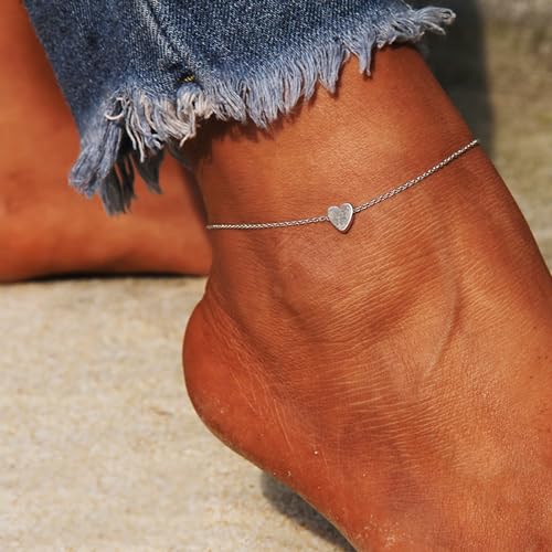 Gold Anklets Bracelets for Women,925 Sterling Silver Waterproof Dainty Heart Anklet Snake Chain Link 14K Gold Plated Non Tarnish Ankle Chain Summer Beach Foot Jewelry Graduation Wedding Gifts - color: Heart