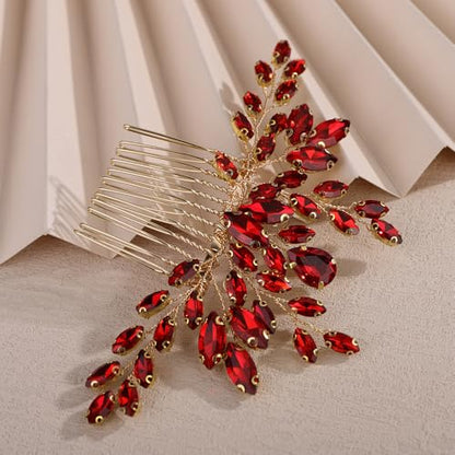 Teyglen Red Rhinestone Wedding Hair Comb Simple Crystal Hair Piece Bridal Crystal Hair Comb for Bride Wedding Hair Accessories for Women Party Prom Headpiece(Red) - color: Red