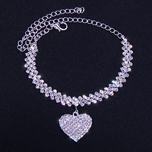 Fesciory Heart Rhinestone Ankle Bracelets for Women, Adjustable Silver Plated Shiny Tennis Anklets, Twinkle Cubic Zircon Imitation Diamond Anklet Foot Chain Jewelry Gifts - color: Thick Heart