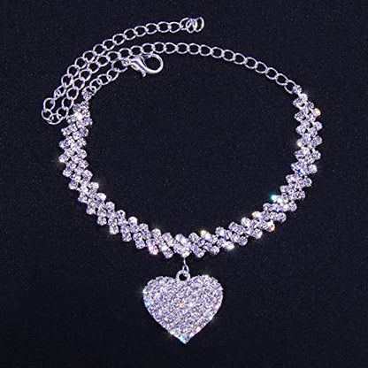 Fesciory Heart Rhinestone Ankle Bracelets for Women, Adjustable Silver Plated Shiny Tennis Anklets, Twinkle Cubic Zircon Imitation Diamond Anklet Foot Chain Jewelry Gifts - color: Thick Heart