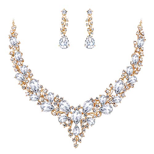 Women's Wedding Statement Necklace Dangle Earring Jewelry | Austrian Crystal Teardrop Cluster,Necklaces Earrings Set for Bride Bridesmaid,Prom Accessories - color: 09-Clear Gold-Plated-Base