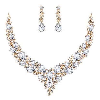 Women's Wedding Statement Necklace Dangle Earring Jewelry | Austrian Crystal Teardrop Cluster,Necklaces Earrings Set for Bride Bridesmaid,Prom Accessories - color: 09-Clear Gold-Plated-Base