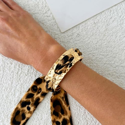 Hammered Gold Metal Silk Scarf Bangle Women,Chunky Fabric Wrapped Open Cuff Bracelet,Boho Ethnic Style Geometric Jewelry, Elegant Statement Wrist - color: Brown