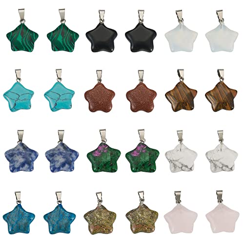 24pcs Star Shaped Stone Pendants 12 Styles Natural & Synthetic Gemstone Charms Mixed Healing Chakra Crystal Pendant for Stone Jewelry - color: 1-Mixed Color-Star-12 Styles