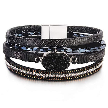 Boho Chunky Leather Wrap Bracelets Stackable Beaded Western Country Jewelry | Crystal Bead Trendy Layered Cuff Magnetic Clasp Stack Bohemian Statement Costume Outfits Cowgirl Fashion Hippie Accessories - color: Black, size: 7.7"