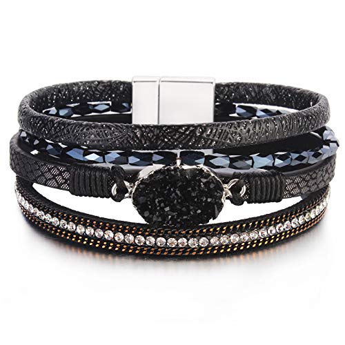 Boho Chunky Leather Wrap Bracelets Stackable Beaded Western Country Jewelry | Crystal Bead Trendy Layered Cuff Magnetic Clasp Stack Bohemian Statement Costume Outfits Cowgirl Fashion Hippie Accessories - color: Black, size: 7.7"