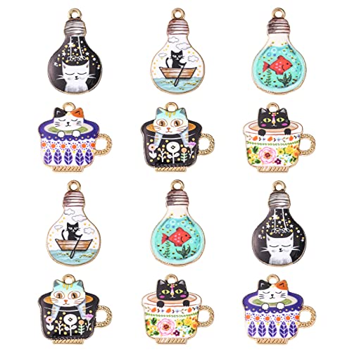 KitBeads 12pcs Enamel Cat & Bulb Charms Coffee Cup Charms for Jewelry Making DIY Accessories for Girls (6 Styles)