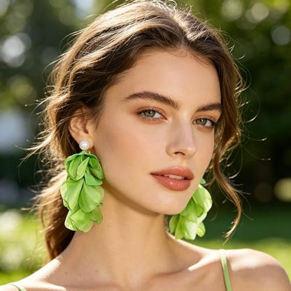 Handmade Bohemian Lightweight Fabric Flower Dangle Drop Earrings Chic Pearl Large Tassel Petal Stud Earrings For Women - color: Green
