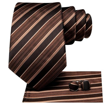 Hi-Tie Men 63inches Tie Set Extra Long Necktie Paisley Tie Pocket Suqare Cufflinks Big and Tall Men Tie - color: Black Brown