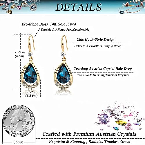 Austrian Crystal Halo Teardrop Hollow Drop Dangle Earrings for Women 14K Rose Gold Plated Hypoallergenic Jewelry Gifts - color: Dark Blue