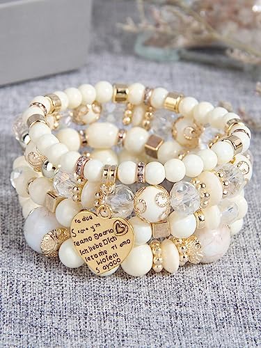 Women Beaded Bracelet Set | Colorful Boho Stackable Trendy Design with Crystal Accents Multilayer Bangle Bracelet | Fashion Stretch Braclets Jewelry for Women - color: White