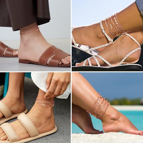 Gokeey Ankle Bracelets for Women Waterproof, 14k Gold Plated Jewelry Set Layered Cuban Figaro Link Chain Anklets Set Gold Anklets Summer Boho Beach Jewelry Gift Adjustable Size - color: Rose Gold