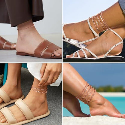Gokeey Ankle Bracelets for Women Waterproof, 14k Gold Plated Jewelry Set Layered Cuban Figaro Link Chain Anklets Set Gold Anklets Summer Boho Beach Jewelry Gift Adjustable Size - color: Rose Gold