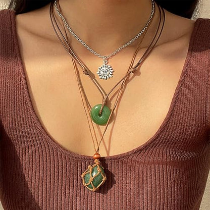 Crystal Holder Necklace for Women Natural Gemstone Crystal Pendant Necklace Handmade Boho Sun Necklace Summer Beach Jewelry Accessories - color: Green