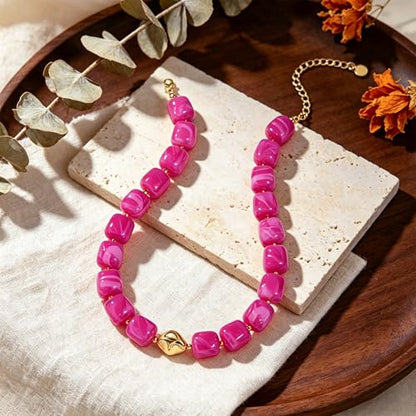 Beaded Necklaces for Women Boho Chunky Necklace Statement Big Resin Bead Choker Fashion Summer Beach Jewelry - color: Rose Red