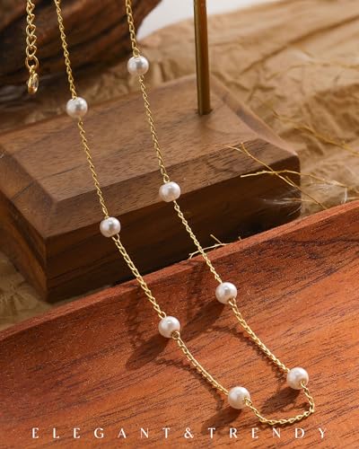 FUNEIA Dainty Pearl Necklace for Women 14K Gold Plated Faux Pearl Choker Necklaces Trendy White Silver Small Pearl Necklace Strand Wedding Prom Bridal Pearls Jewelry 14/16/18/20 Inches - color: 4mm-gold