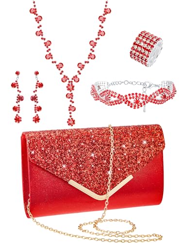 Henoyso 5 Pcs Purse Rhinestone Jewelry Set Prom Jewelry Rhinestone Clutch Purse Necklace Earrings Bracelets for Women Bride - color: Red