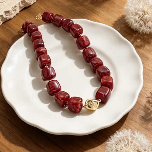 Chunky Beaded Necklace for Women,Square Resin beads boho Choker Necklace with gold-tone spacers,Fashion Trendy Summer Beach Party Necklaces Handmade Surfer Beach Necklaces Jewelry Gifts - color: Burgundy