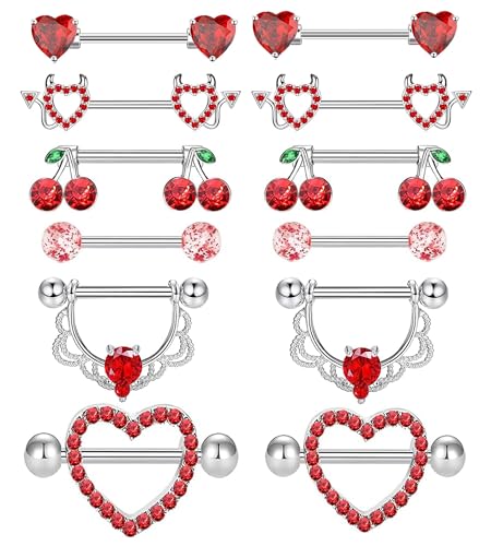 TIANCI FBYJS 6 Pairs Nipple Rings Stainless Steel Heart Butterfly Moon Flower CZ Stud Barbell Tongue Rings Set Cute Nipplerings Piercing Jewelry for Women Pink Tone - color: red