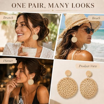 Handmade Raffia Rattan Bohemian Dangle Earrings for Women, Woven Rattan Round Drop Dangle Earrings Beach Jewelry - color: Round B