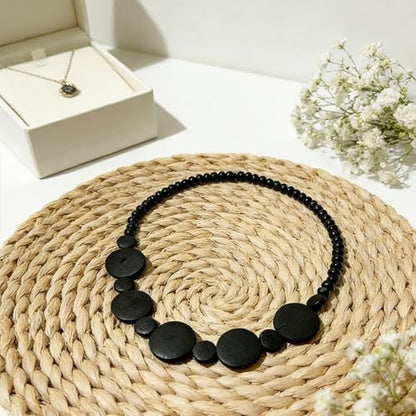 ONLYJUMP Colorful Ethnic Wooden Jewelry Set for Women Round Statement Dangle Earrings Multilayered Geometric Beaded Bracelet Necklace Exaggerated Tribal Style Jewelry - color: Black
