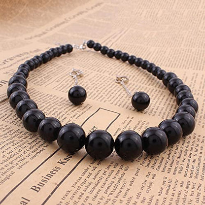 Handmade Faux Pearl Necklace and Clip on Earrings Jewelry Sets for Women Bib Choker Collar Necklace - color: Black-Necklace+Tassel Clip Earrings