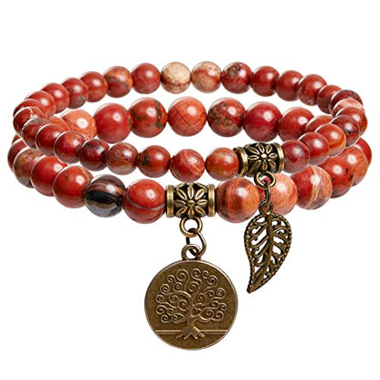 Bivei Natural Semi Precious Gemstone beads bracelet for women - Life Tree and Leaf Charm Energy Reiki Crystal Stretch Bracelets - color: Red Jasper Bracelet Set, size: Medium:6.8-7.24inch