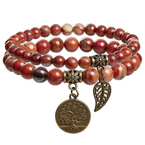 Bivei Natural Semi Precious Gemstone beads bracelet for women - Life Tree and Leaf Charm Energy Reiki Crystal Stretch Bracelets - color: Red Jasper Bracelet Set, size: Medium:6.8-7.24inch
