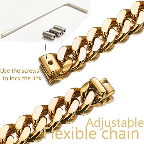 Adjustable 18K Gold Dog Collar Slip Choker Stianless Steel 15mm Big Dog Puppy Necklace Choke Chain Training Collar Cuban Link with Engraving Custom m - size: M