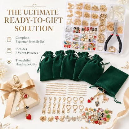 XUHAO7 313Pcs DIY Jewelry Making Kit - Craft Set with Keychains | Pendants Pearl Beads Chains Pliers Storage Box Bracelets, DIY Jewelry Craft Supplies for Bag Charm, Includes 5 Velvet Pouches - size: 313pcs