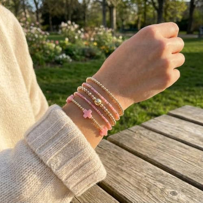 Gold Bracelets for Women, Beaded Cross Stack, Non Tarnish Set，Set-1 | Gold Beaded Bracelet Stack with Stretch Fit, Waterproof Finish and Dainty Design for Everyday Wear and Gifts - color: Colors-9