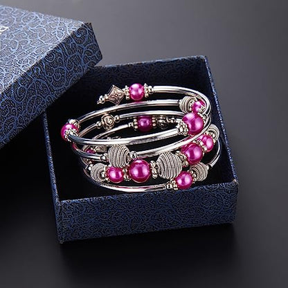 PEARL&CLUB Beaded Chakra Bangle Turquoise Bracelet - Fashion Jewelry Wrap Bracelet with Thick Silver Metal and Mala Beads, Birthday Gifts For Women - color: Fuchsia