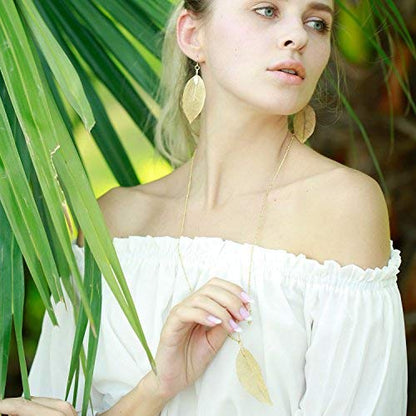 Filigree Long Leaf Pendant Dangle Necklace and Earring Jewelry Set | Beautiful Fashion Delicate Long Leaf Necklace Earrings For Women Trendy Boho - color: I-14K Gold Earrings