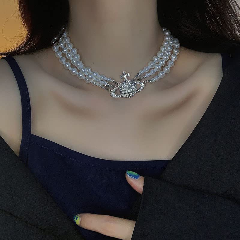 Dreuyet Saturn Pearl Necklace and Earrings Set Crystal Planet Earrings Dainty Artificial Pearl Choker Necklace Charm Gifts for Mum Wife Wedding Birthday Anniversary - color: 3 Layered Pearl Silver