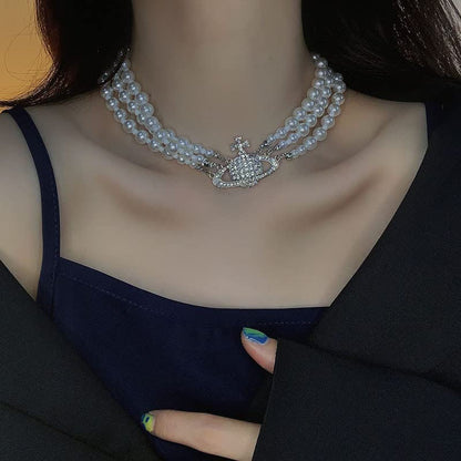 Dreuyet Saturn Pearl Necklace and Earrings Set Crystal Planet Earrings Dainty Artificial Pearl Choker Necklace Charm Gifts for Mum Wife Wedding Birthday Anniversary - color: 3 Layered Pearl Silver