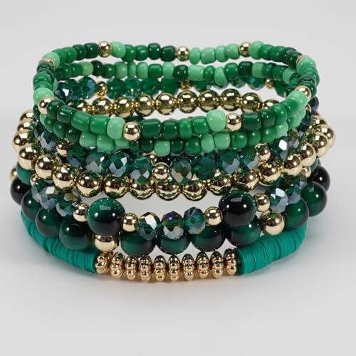 7Pcs Bohemia Multilayer Stackable Crystal Beaded Bracelet Set Multicolor Surfer Heishi Clay Gold Beaded Friendship Stretch Bracelets for Women Men Summer Beach Boho Vacation Jewelry Gifts - color: Green
