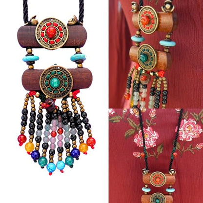 Bohemian Beaded Necklace for Women Long Boho Pendant Wood Mala Beads Wooden Strand Tassel Stone Bohemian Necklaces for Women Jewelry - style: Ethnic Brown Set
