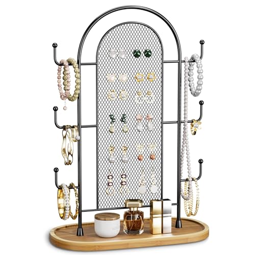 bussdis Jewelry Holder Organizer Earring Display - Earring Storage Tree Stands Towers With 6 Hooks 300 Studs Wood Tray Black Metal Rack - color: Black