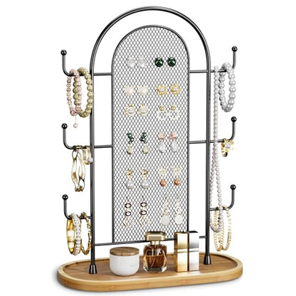 bussdis Jewelry Holder Organizer Earring Display - Earring Storage Tree Stands Towers With 6 Hooks 300 Studs Wood Tray Black Metal Rack - color: Black