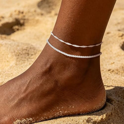 Ritach Gold/Silver Ankle Bracelets for Women 14K Gold Anklets for Women Waterproof Cuban Link Heart Bead Anklets Set Layered Anklet Bracelets for Women Gold Jewelry Gift - color: silver chain