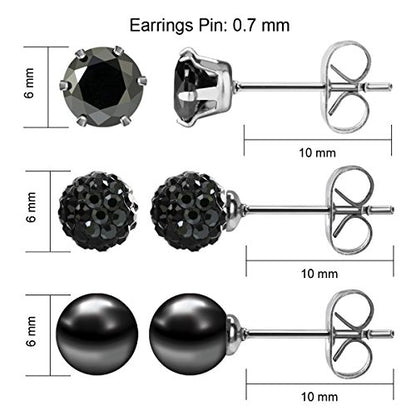 JewelrieShop Birthstone Studs Earring Set Cubic Zirconia Rhinestones Crystal Ball Faux Pearl Stainless Steel Stud Earrings for Women Jewelry Gift (6mm Round,3 Pairs) - color: 7) July. - Black