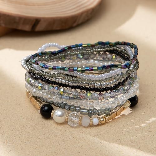 Handmade Stackable Rice Seed Beaded Ball Bracelets set for women, Romantic Boho Trendy Acrylic Glass Stretch Accessories Multi Layer Jewelry, Daily Wear Party Holiday Friendship Gift - color: Black