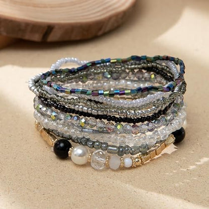 Handmade Stackable Rice Seed Beaded Ball Bracelets set for women, Romantic Boho Trendy Acrylic Glass Stretch Accessories Multi Layer Jewelry, Daily Wear Party Holiday Friendship Gift - color: Black