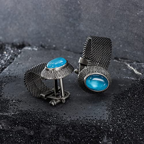 HAWSON Mens Cufflinks with Chain - Stone and Shiny Gold Tone Shirt Accessories - Party Gifts for Young Men - color: Antique Silver Color+Turquoise Cats Eye