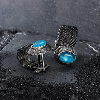 HAWSON Mens Cufflinks with Chain - Stone and Shiny Gold Tone Shirt Accessories - Party Gifts for Young Men - color: Antique Silver Color+Turquoise Cats Eye