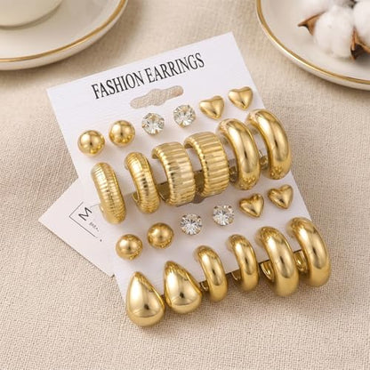 12-24pcs Handmade Crystal Heart CZ Earrings Pack Chunky Gold Earrings for Women Drop Stainless Steel Earrings Set - color: VC003/24p/Gold