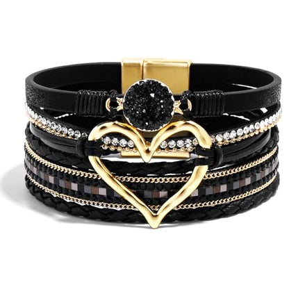 VIBILIA Boho Leather Wrap Bracelets for Women Multi-Layer Bracelets | With Strong Clasp Jewelry for Women - color: 01-Heart-Black