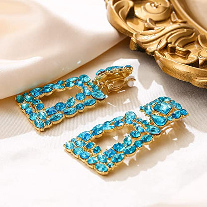 Flyonce Rectangle Clip-on Drop Earrings for Women, Sparkly Rhinestone Crystal Geometric Statement Non Pierced Earring Wedding Prom Party Jewelry for Brides Bridesmaid - color: Light Blue