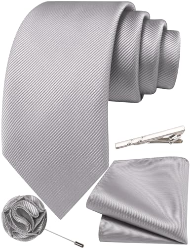 Solid Color Tie and Pocket Square with Tie Clip Lapel Pin Silk Formal Necktie Set Wedding Formal - color: Silver