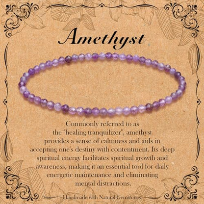 BONNY BOXX Natural Genuine Gemstone Faceted Round Beads Bracelets, 3mm Adjustable Stretchy Tiny Faceted Black Tourmaline Bracelet, Healing Crystal Reiki Chakra Dainty Jewelry Fashion Gifts - color: Amethyst